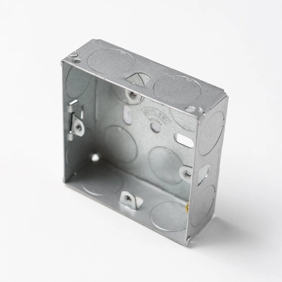 Brass Bee Black Walnut Switch & Socket — 1 Gang 2-Way Toggle (W Series), featuring a metal electrical box with a galvanized finish and several mounting holes for installation.