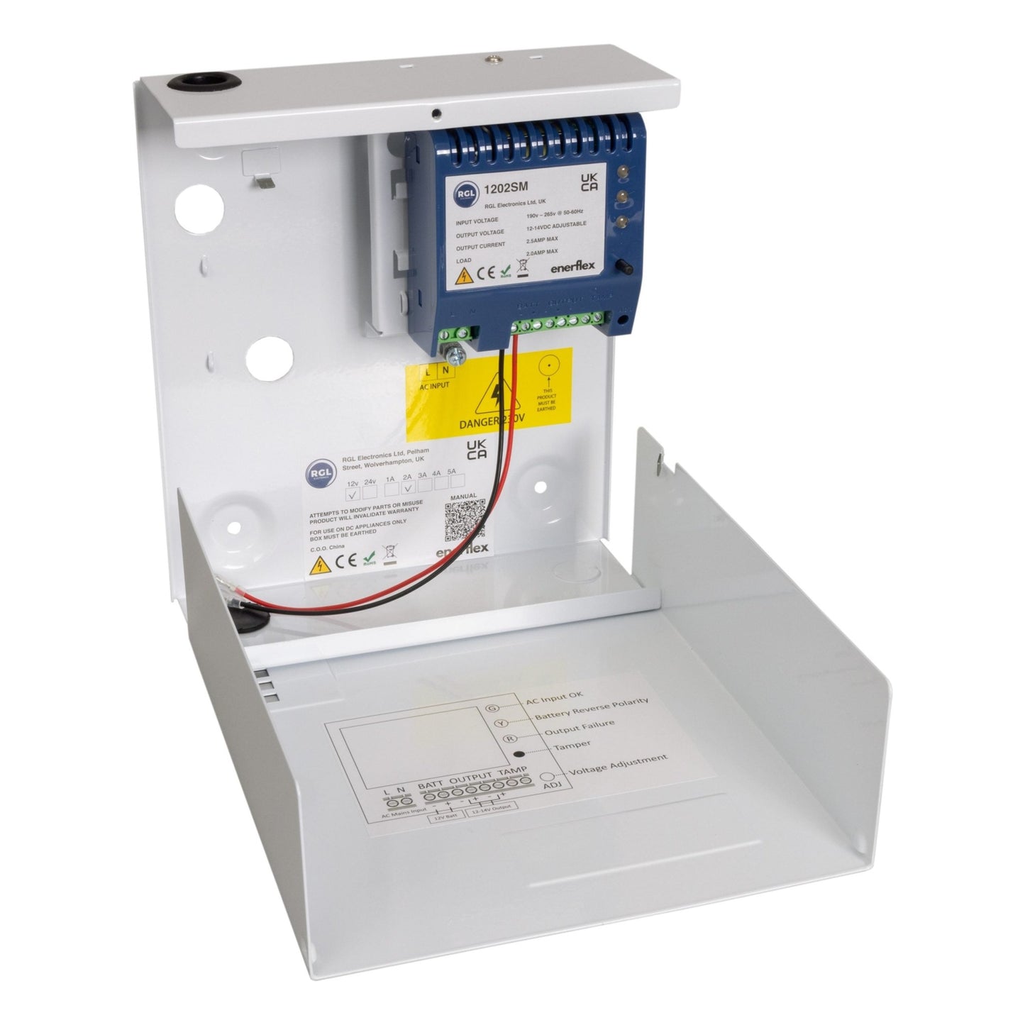 Zoo Hardware 13.8Vdc 1 Amp Power Supply with Switch Mode - Full Current Load, featuring a blue control unit mounted inside a white metal housing, designed for mounted installation.