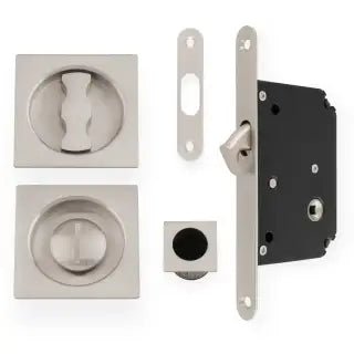 Alexander & Wilks Sliding Door Lock Set with square roses, featuring a radius forend and strike, includes a black body and satin nickel finished plates for durability and style.