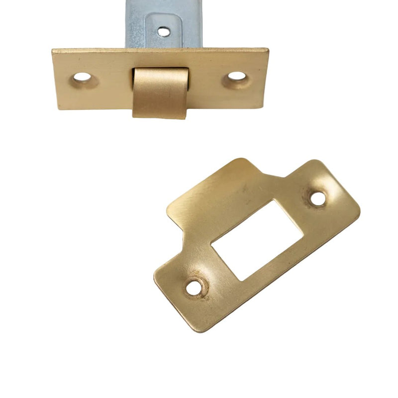 Brass bee Designer Levers Bolt Through Tubular Latch with a 76mm case, featuring a gold finish and metal construction, includes a rectangular strike plate and a latch mechanism for secure door closure.