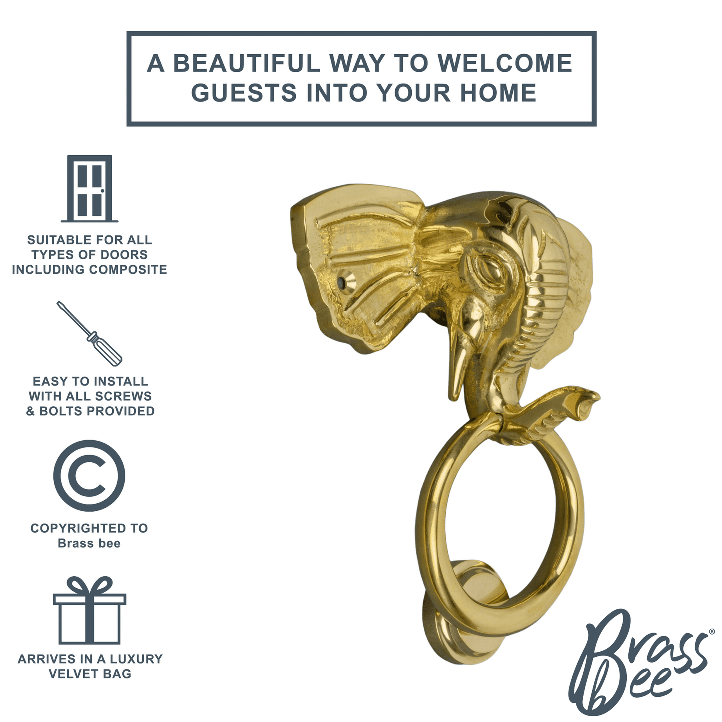 Brass Elephant Door Knocker - Brass Finish - Brass bee