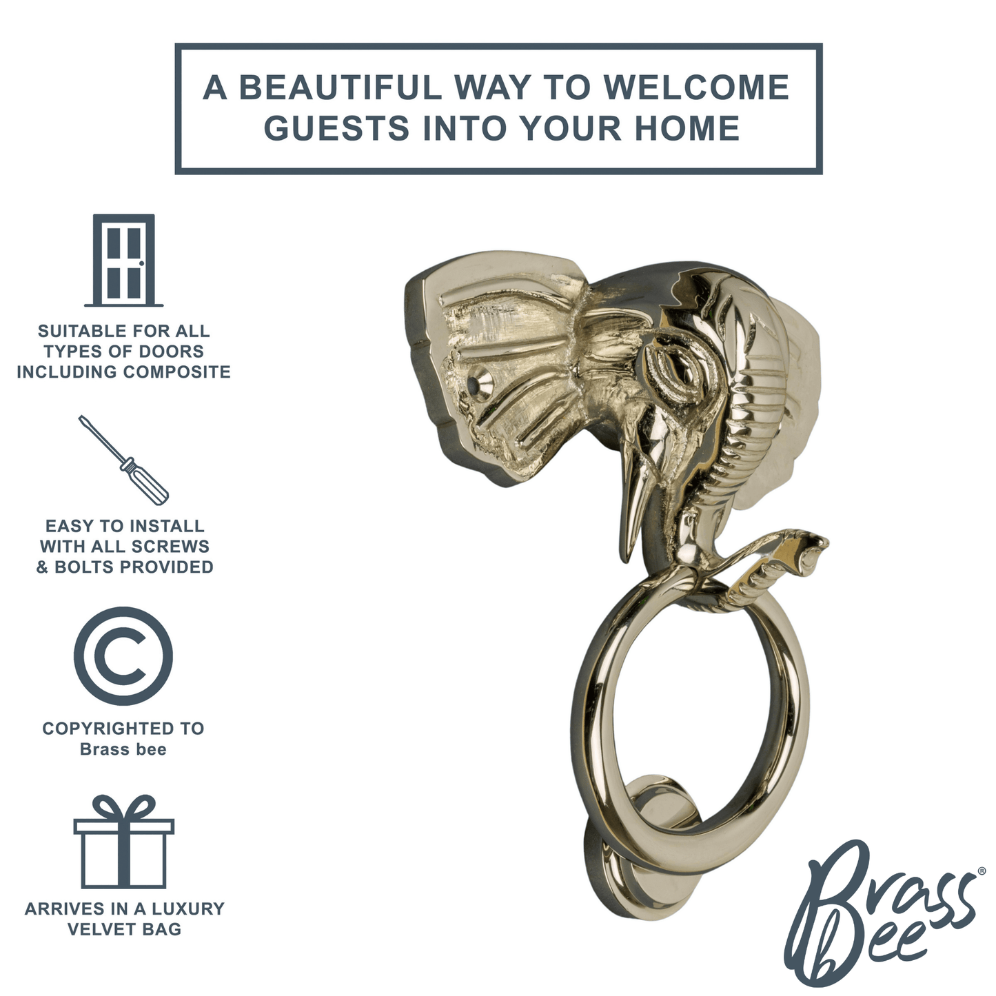 Brass Elephant Door Knocker - Nickel Finish - Brass bee