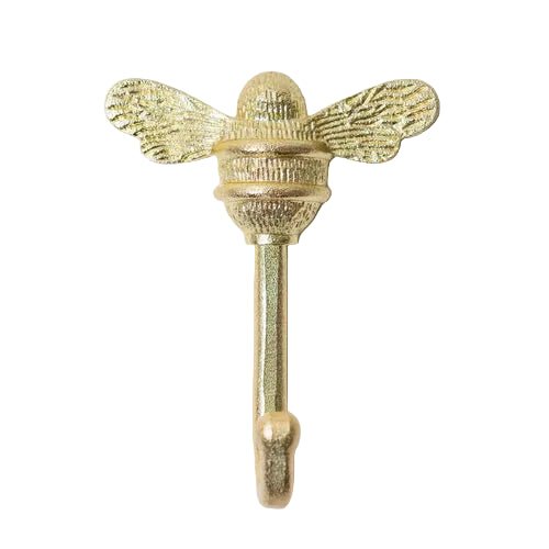 Brass bee Coat Hook by Brass bee in brass finish, made of iron, features a bee design with detailed wings and a sturdy hook for hanging items.