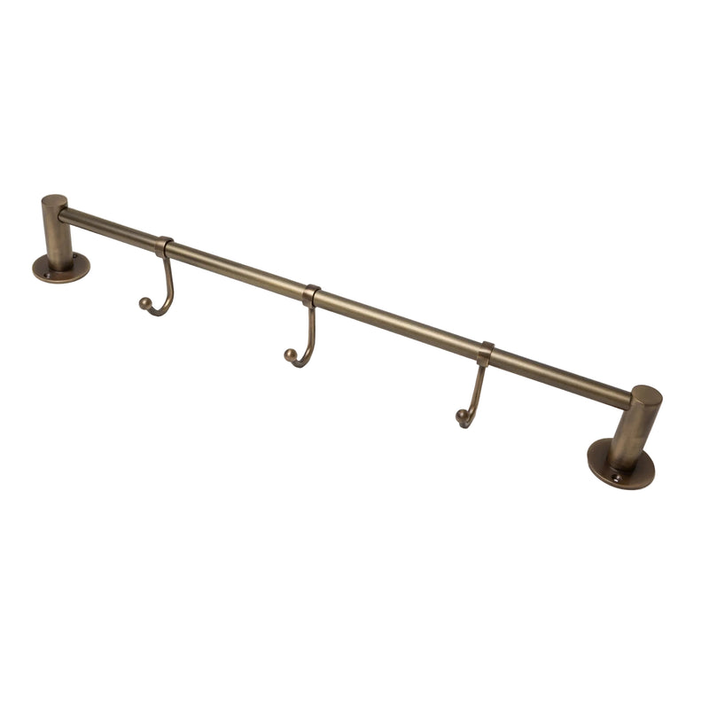 Antique Brass Hook Rail with 3 Brass Hooks - Solid Brass