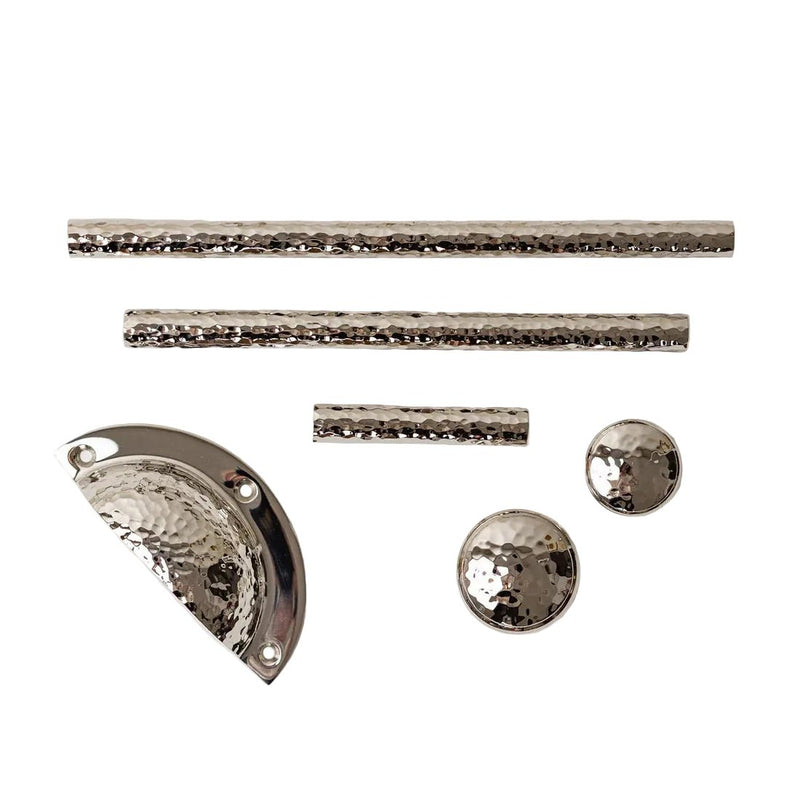 Brass bee Solid Brass Nickel Hammered Cabinet Pull Handles & Knobs in polished nickel finish, featuring a textured hammered design with two round knobs and two bar handles.