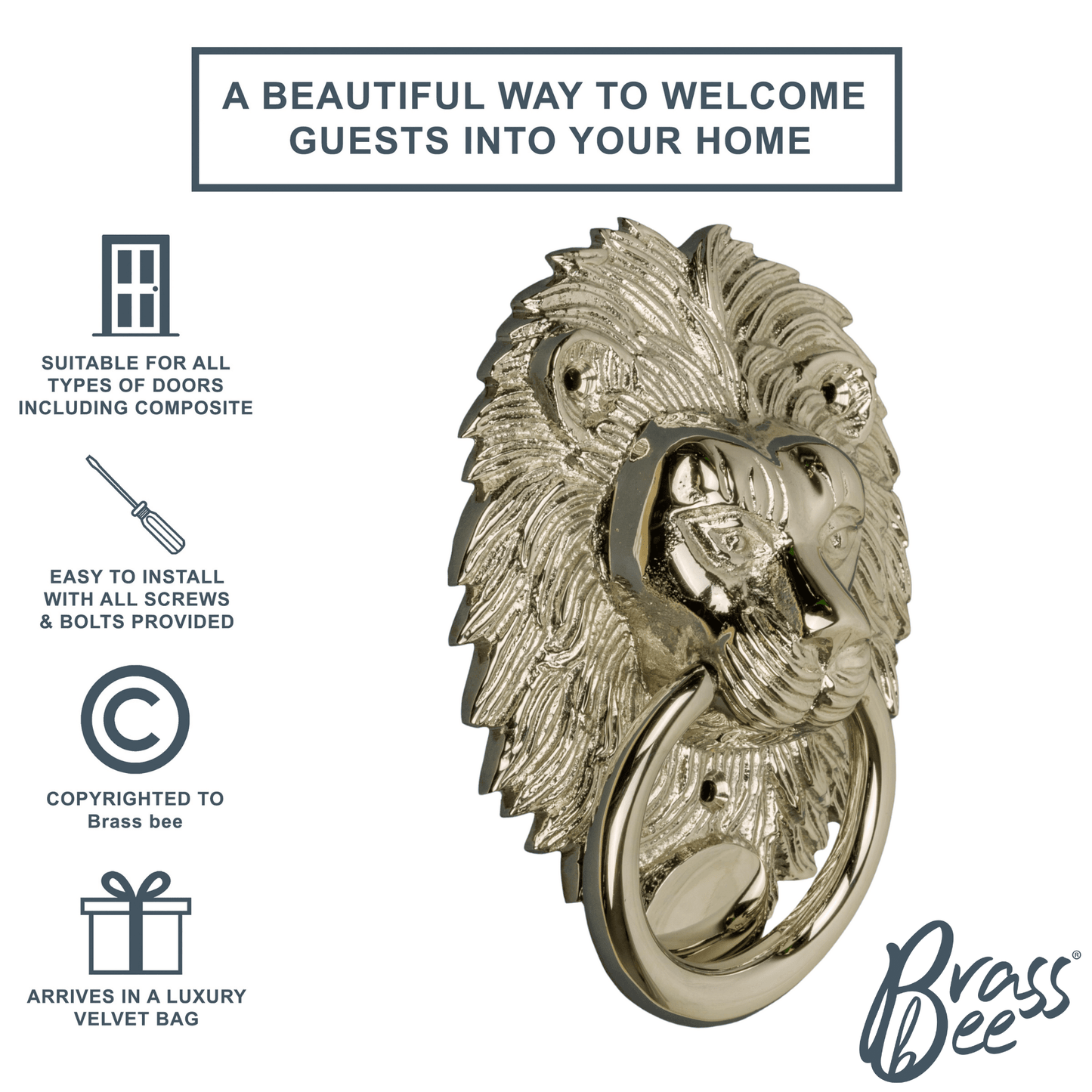 Brass Lion Door Knocker - Nickel Finish - Brass bee