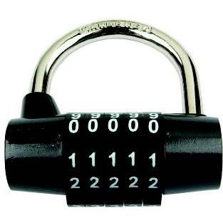 Carlisle Brass Yale Combination Padlock in black with a chrome shackle, featuring a rotary dial combination system with visible numbers set to 0000 and 1111. Designed for secure locking.