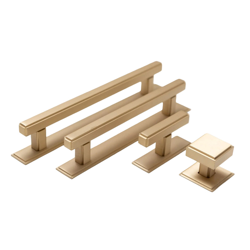 Solid Brass Art Deco Kitchen Pull Handles & Knobs With Backplates - Satin Brass Finish