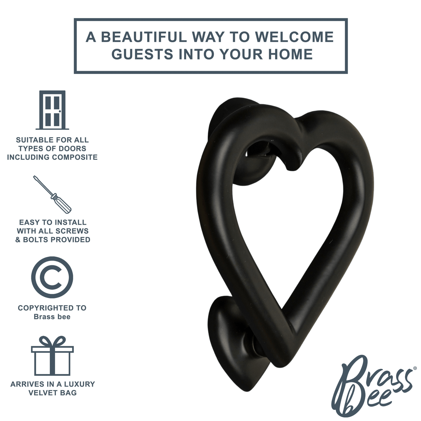 Brass Love Heart Door Knocker - Black Finish - Brass bee
