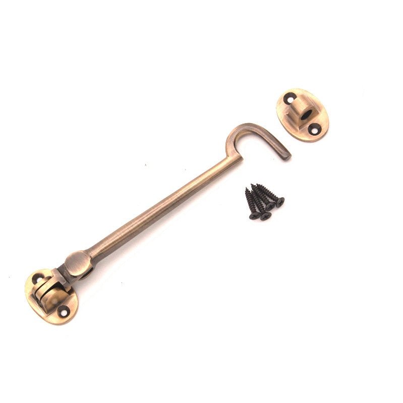 Spira Brass Silent Cabin Hook 6" - 150mm in antique brass finish, featuring a curved hook design, complete with two mounting plates and screws for installation.