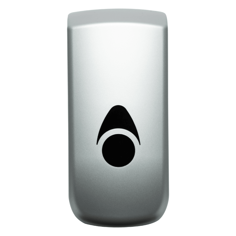 MWS Dispensors Myriad Silver Recycled 900ml Foam Soap Dispenser in a sleek silver finish, featuring a curved design and a black logo, made from recycled materials for enhanced environmental sustainability.
