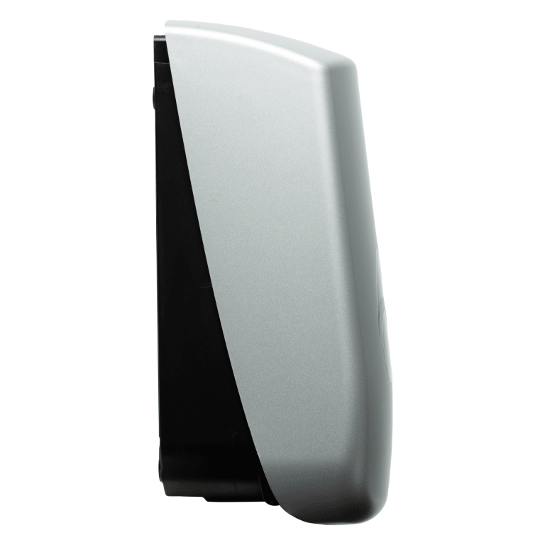 MWS Dispensors Myriad Silver Recycled 900ml Foam Soap Dispenser in silver finish, with a sleek design and sturdy black back, suitable for foam soap dispensing.