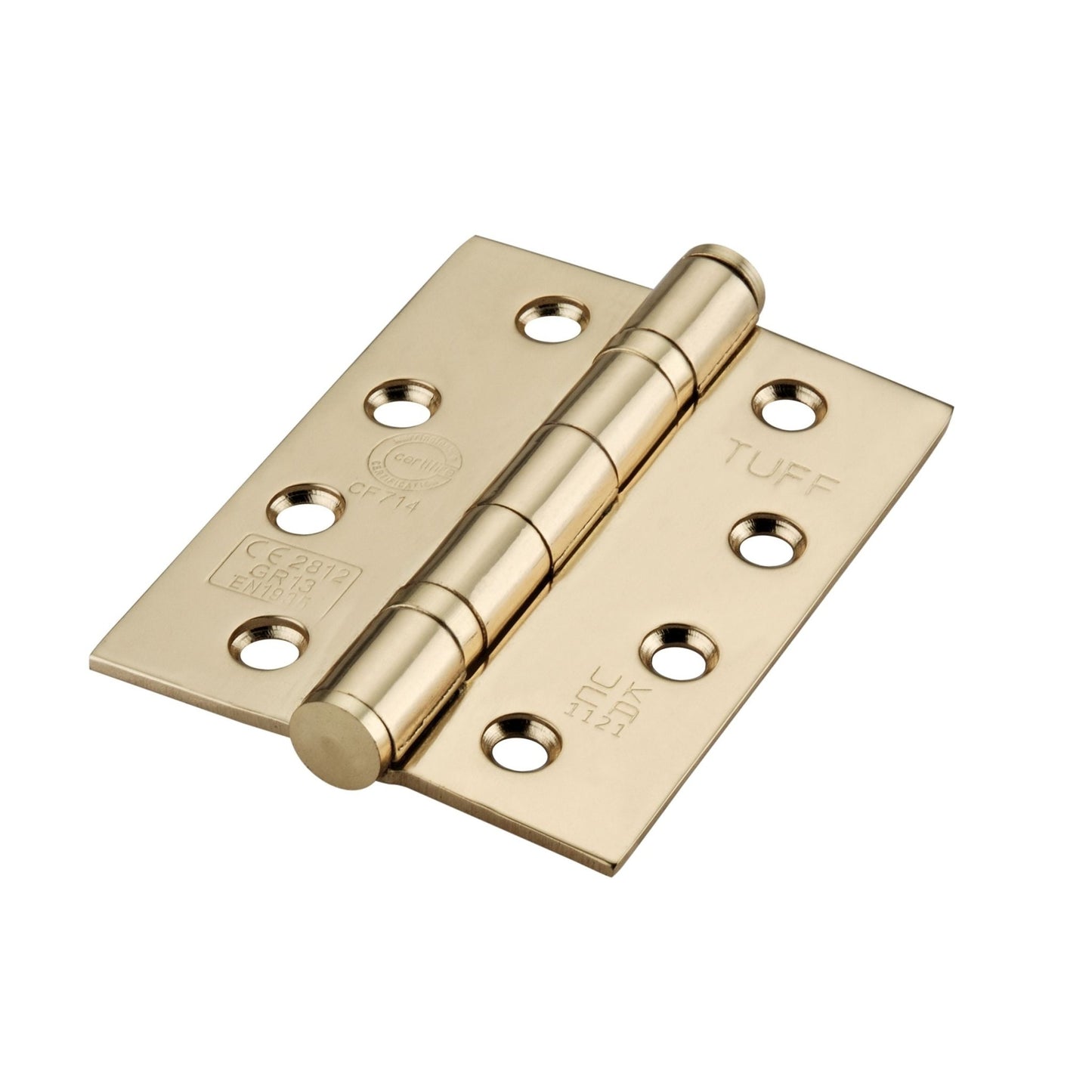 Spira Brass CE13 Stainless Steel BB Hinge in a brass finish, featuring a rounded leaf design with multiple mounting holes for easy installation. Suitable for various door applications.