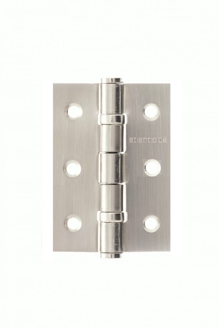 Atlantic CE Fire Rated Grade 7 Ball Bearing Hinges measuring 3" x 2", featuring a stainless steel finish and designed with multiple holes for easy installation.