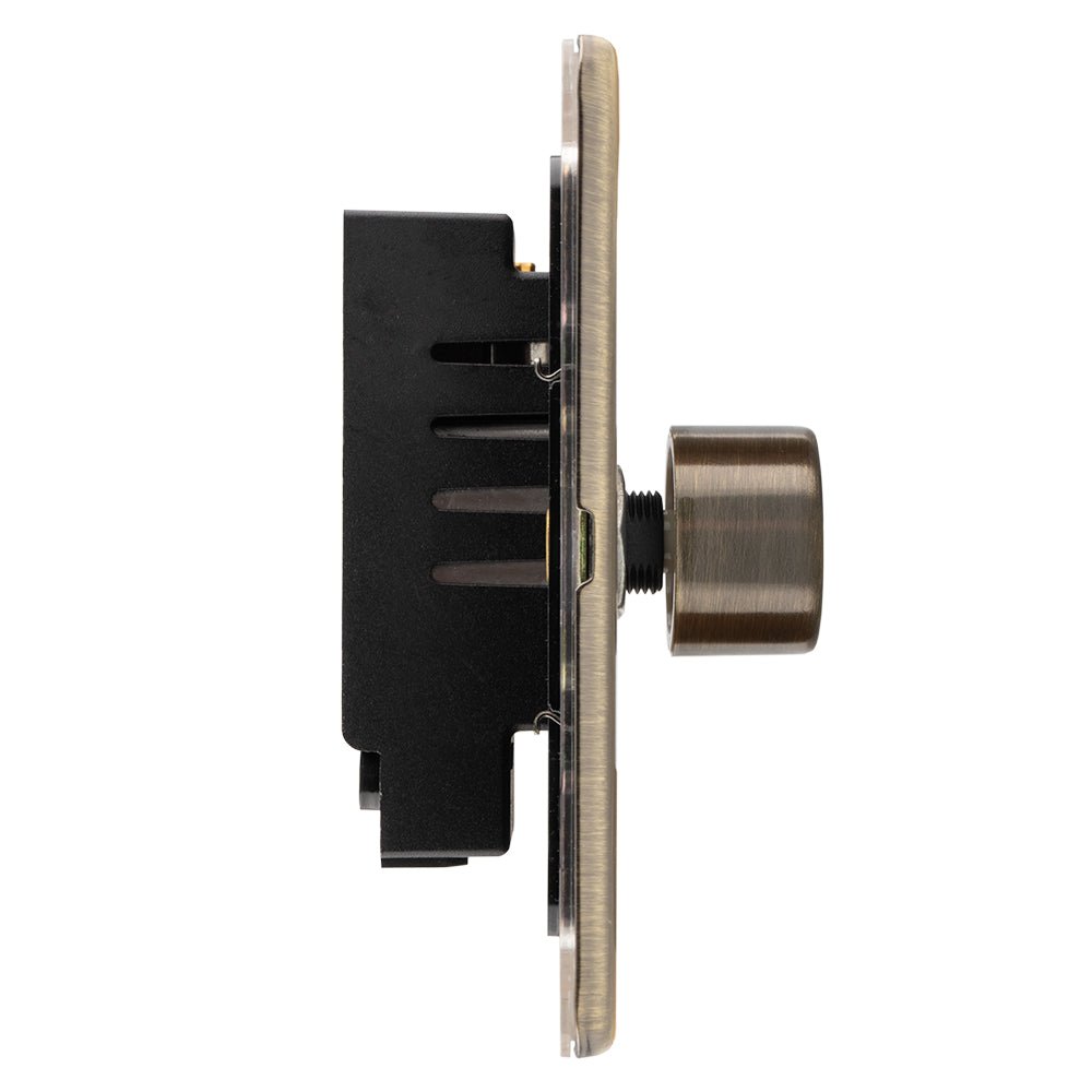 Eurolite Concealed 3mm 1 Gang Dimmer in antique brass with a round knob and a sleek flat plate design, featuring visible mounting and wiring components at the back.