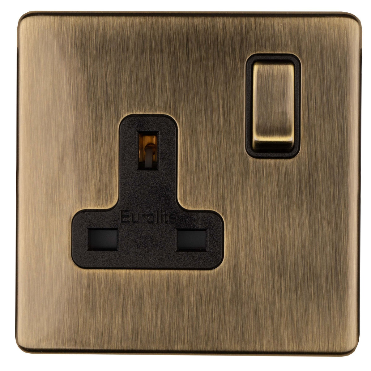 Eurolite Concealed 3mm 1 Gang Socket in antique brass, featuring a brushed finish and a single black socket with a switch, designed for wall installation.