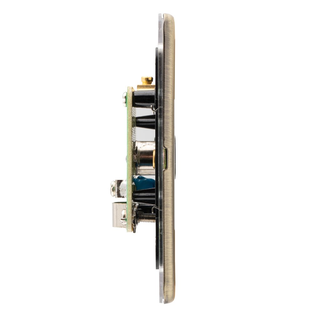 Eurolite Concealed 3mm TV in antique brass, featuring a slim profile with a circular design that includes electronic components visible from the side view, ideal for discreet installation.