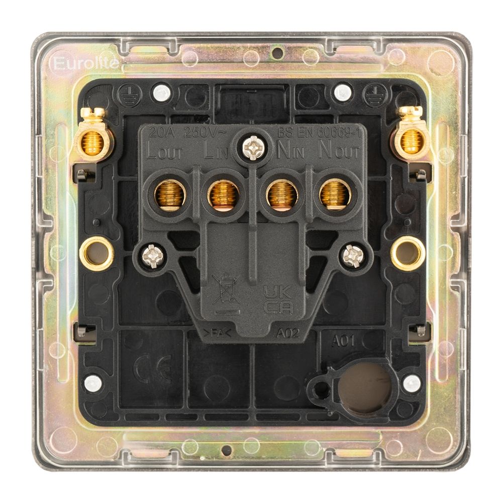 Eurolite Concealed 3mm 20Amp Switch in antique brass finish, featuring a square design with visible terminals for connection, mounted within a transparent frame.