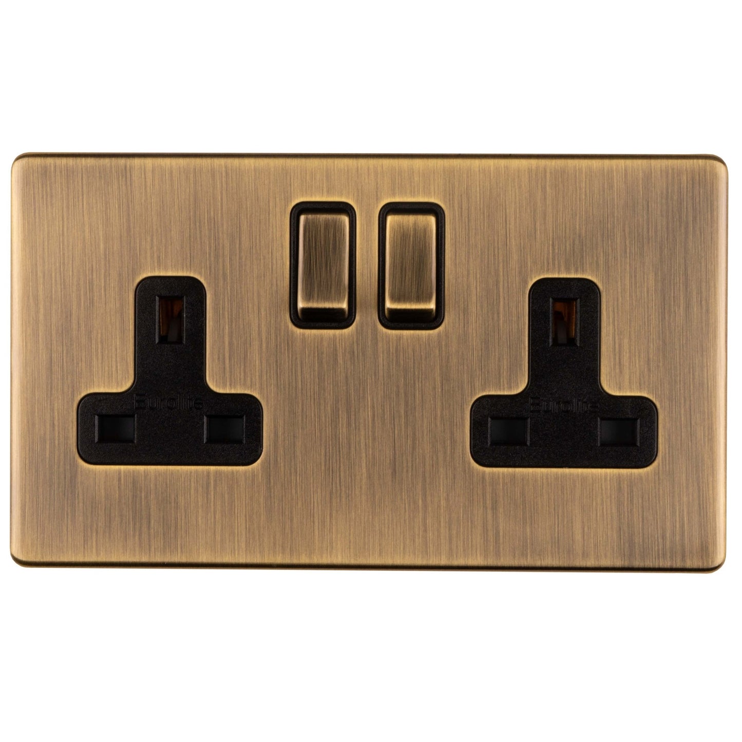 Eurolite Concealed 3mm 2 Gang Socket in antique brass featuring two sockets and two switches with a brushed finish.