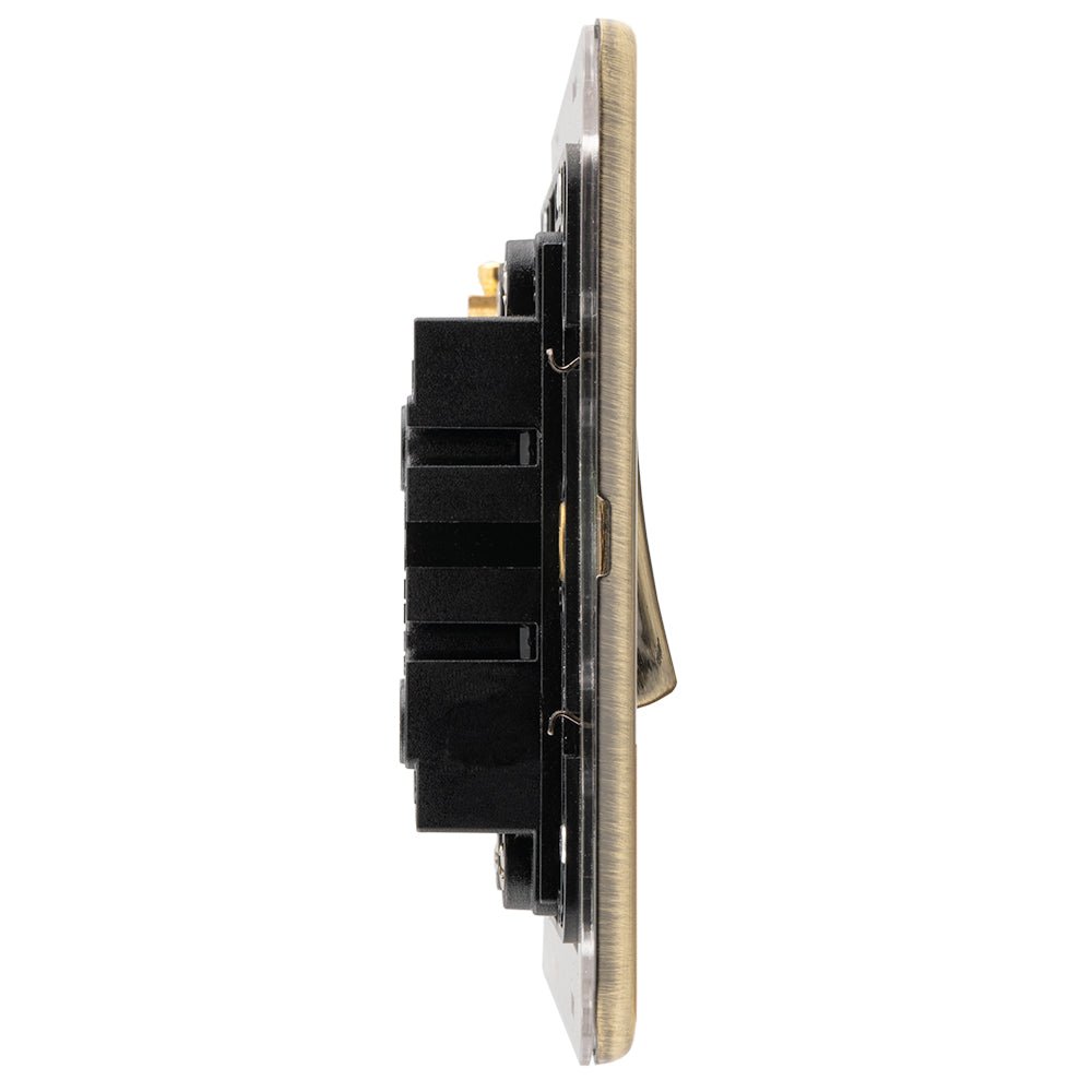 Eurolite Concealed 3mm 2 Gang Switch in antique brass finish, featuring a slim profile with two black switch mechanisms recessed into the base. The design includes gold hardware for a reliable electrical connection.