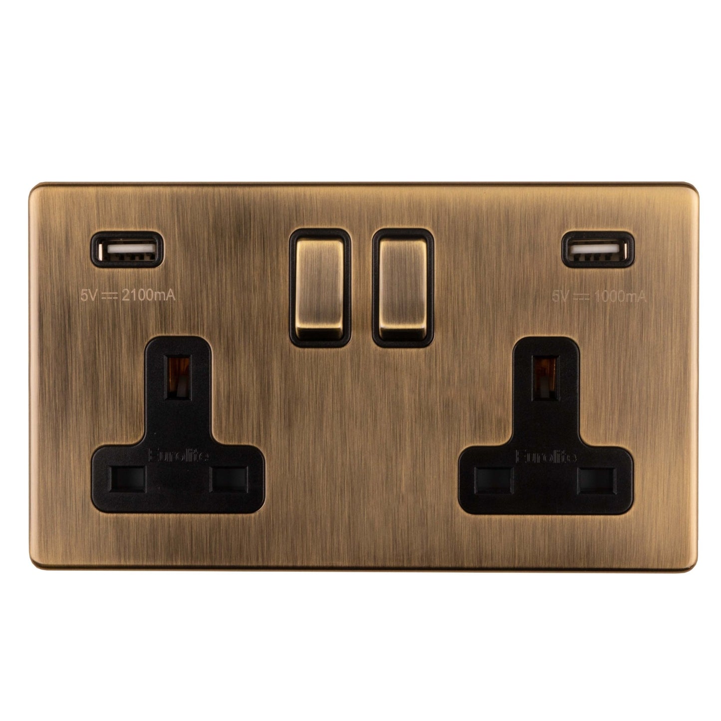 Eurolite Concealed 3mm 2 Gang USB Socket in antique brass finish with two USB ports and two traditional power outlets, featuring a sleek and modern design suitable for residential or commercial use.