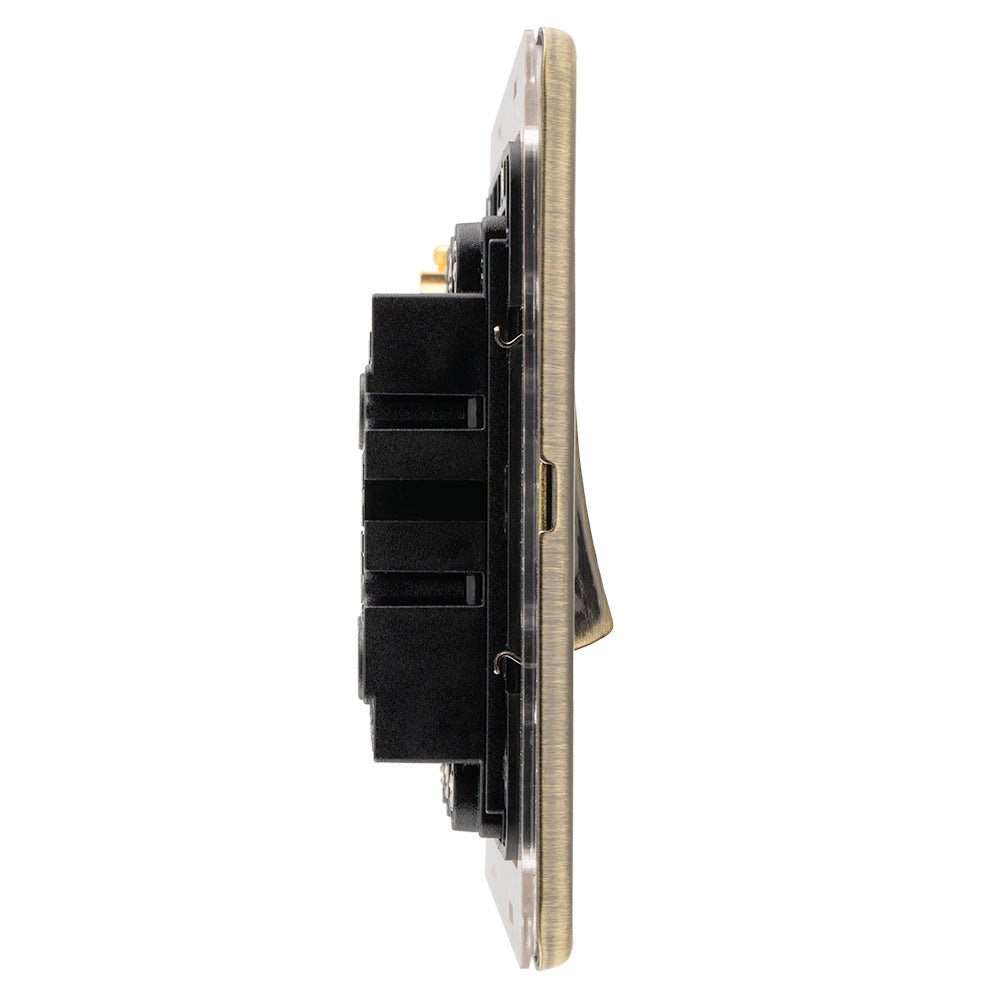 Eurolite Concealed 3mm 3 Gang Switch in antique brass with a slim profile, featuring three toggles for controlling electrical circuits, designed for a seamless installation.