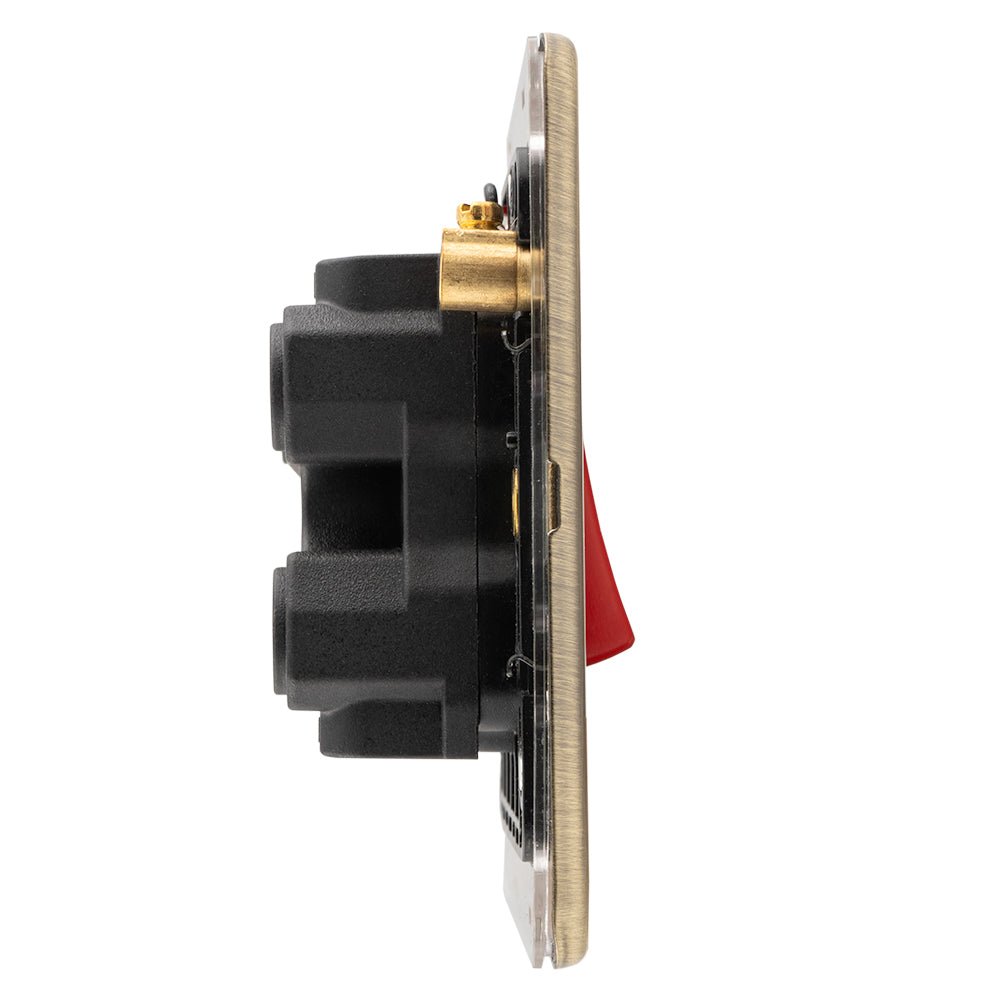 Eurolite Concealed 3mm 45Amp Switch With Neon Indicator in antique brass finish, featuring a red indicator and a sturdy black body, designed for reliable electrical control in various installations.