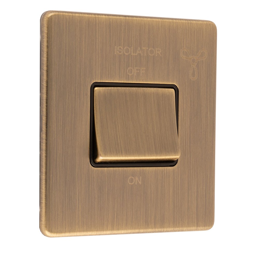 Eurolite Concealed 3mm Fan Switch in antique brass with a brushed finish, featuring an ON/OFF toggle and an isolator symbol, mounted on a square plate.