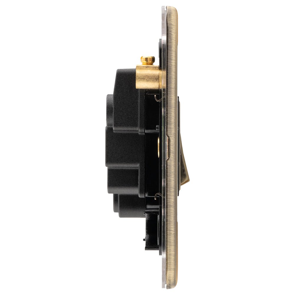 Eurolite Concealed 3mm Switched Fuse Spur in antique brass, featuring a flat profile and a black interior component, designed for discreet electrical installations.