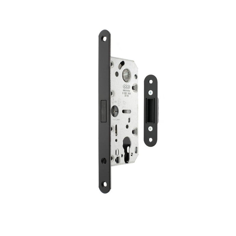 Atlantic AGB Polaris 2XT Magnetic lock with adjustable strikeplate for a 35mm backset, featuring a metallic finish and a minimalist design, shown with the lock body and strikeplate.