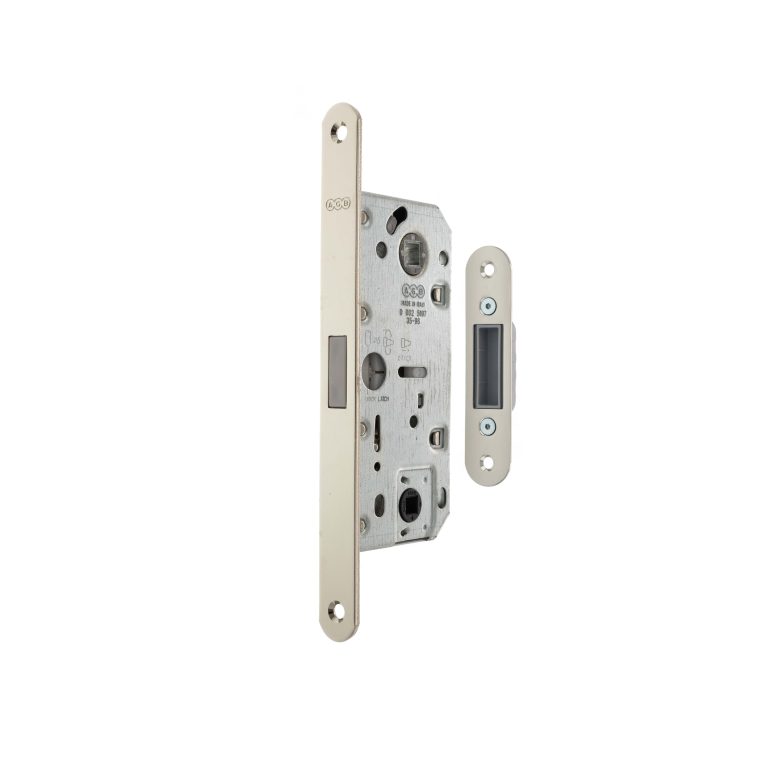 Atlantic AGB Polaris 2XT magnetic lock with adjustable strikeplate, featuring a 35mm backset and a sleek metallic finish. The lock mechanism shows internal components and positioning for easy installation.