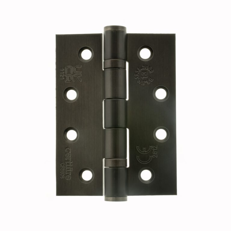 Atlantic Ball Bearing Hinges Grade 13 Fire Rated in a 4" x 3" size, constructed from steel with a dark finish and featuring six pre-drilled holes for easy installation.