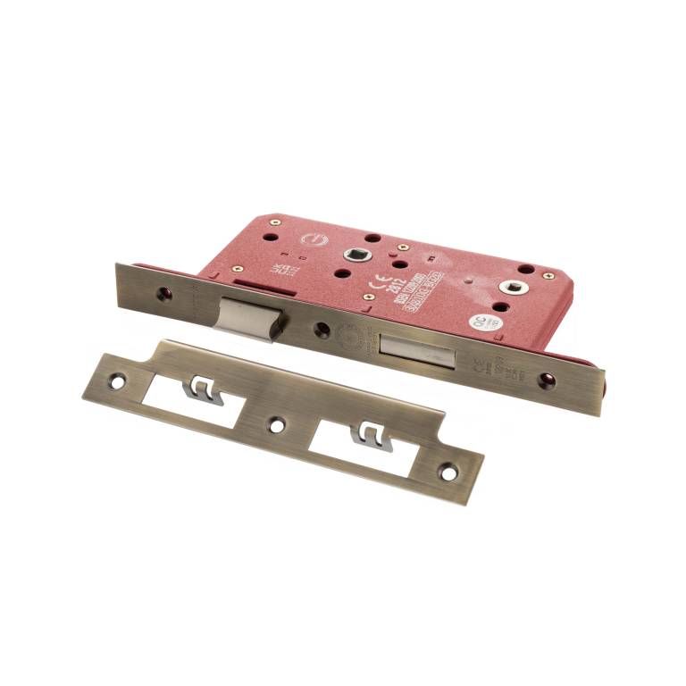 Atlantic DIN Bathroom Lock – Double Turn with a metal finish, featuring a rectangular shape and a double turn mechanism, shown with its strike plate mounted for secure installation.
