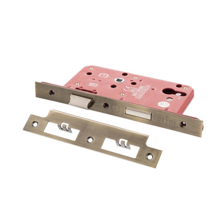 Atlantic DIN Euro Profile Sashlock Double Throw with a 60mm backset featuring a metal body in red and a solid brass faceplate. The lock includes a metal strike plate.