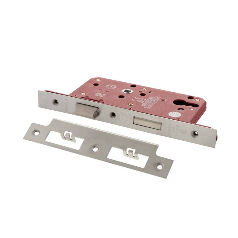 Atlantic DIN Euro Profile Sashlock Double Throw with a 60mm backset, featuring a steel faceplate and a red zinc alloy body, designed for secure door locking.