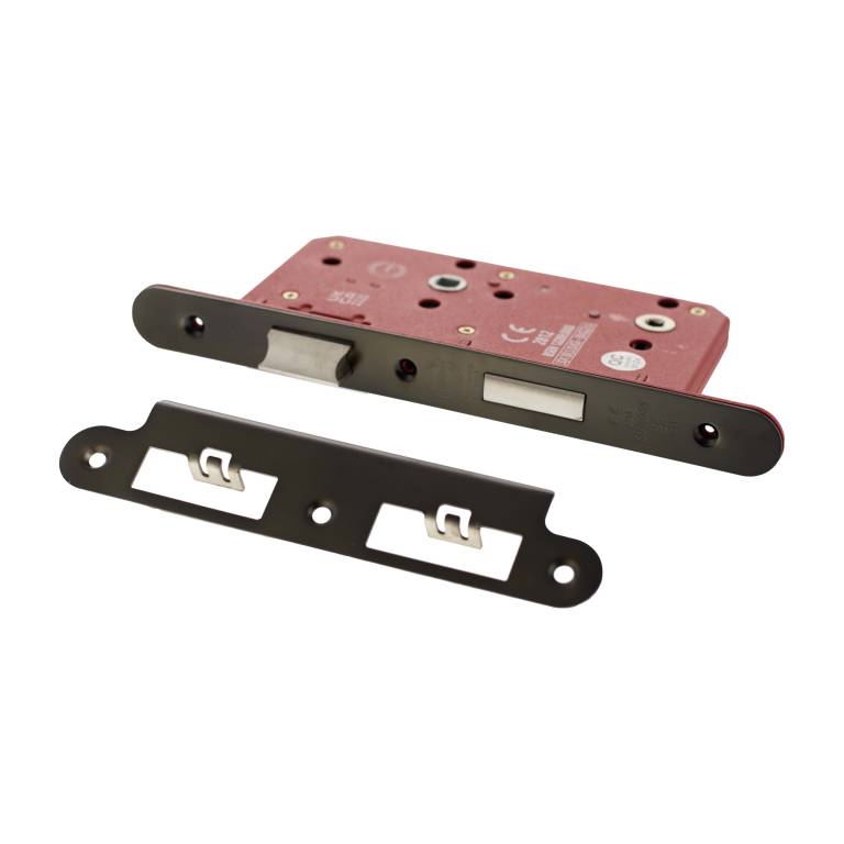 Atlantic DIN Bathroom Lock – Double Turn in a metal finish, featuring a rectangular body and strike plate. The lock is designed for secure access and includes mounting holes for installation.