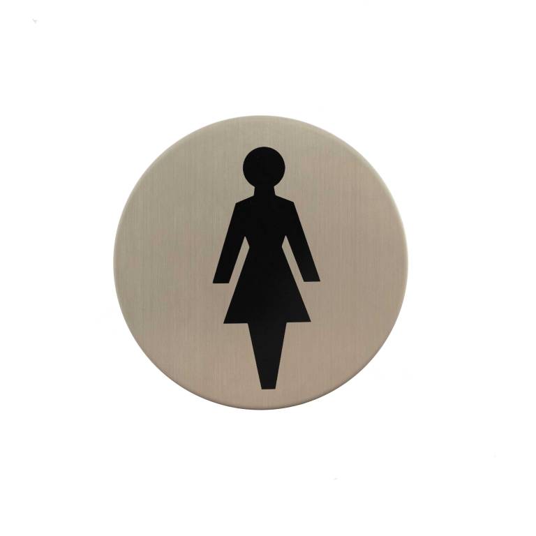 Atlantic Comercial Hardware restroom sign in brushed stainless steel, featuring a black silhouette of a female figure on a round plaque.