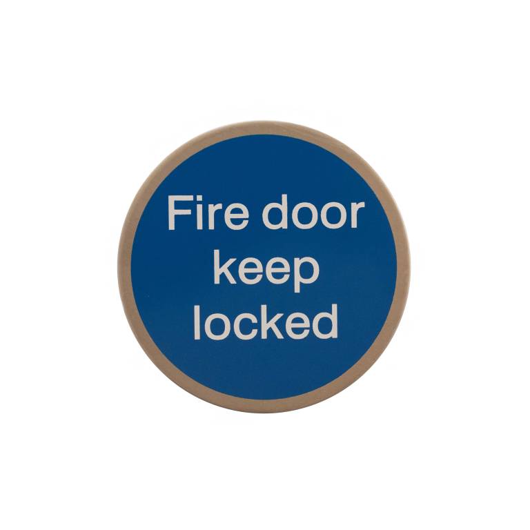 Atlantic Comercial Hardware fire door sign in circular shape, featuring a blue background and white text stating "Fire door keep locked." The sign is designed for clear visibility and is made of durable materials.