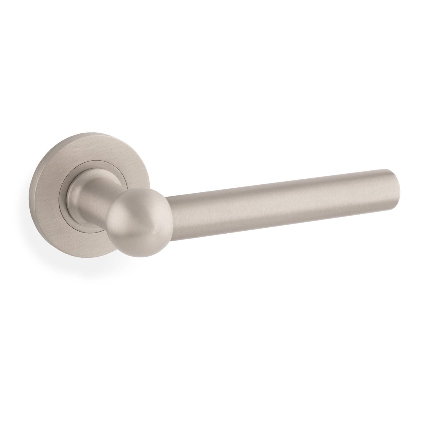 Alexander & Wilks Siskin Lever on Rose in brushed nickel, featuring a cylindrical handle and round rose plate design.