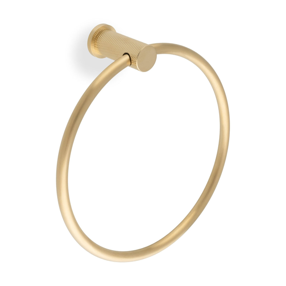 Alexander & Wilks Brunel Diamond Knurled Towel Ring in a matte gold finish, featuring a round ring attached to a knurled cylindrical wall mount for easy towel hanging.