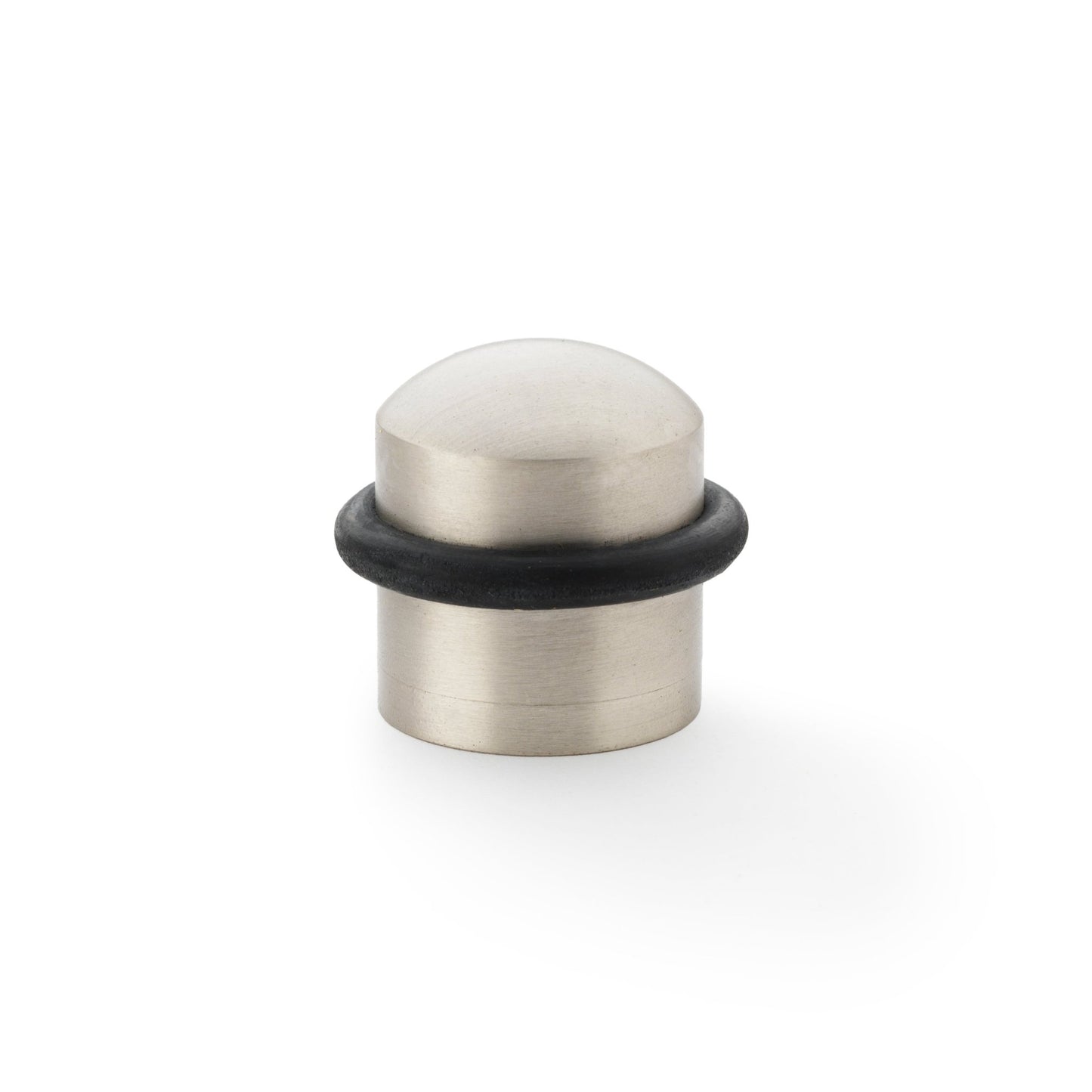 Alexander & Wilks Dome Top Floor Mounted Door Stop with a brushed nickel finish and a black rubber ring, featuring a cylindrical base and a rounded top design for durability and stability.