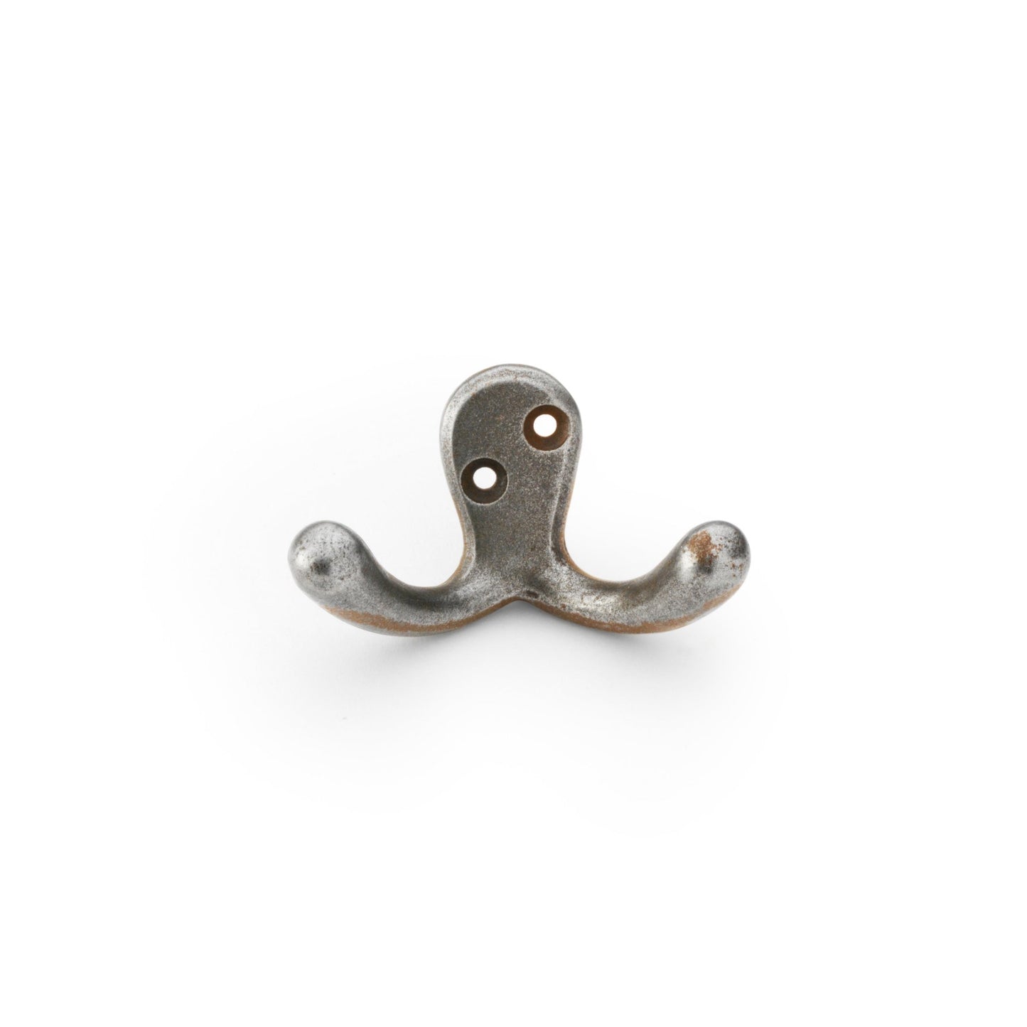 Alexander & Wilks Victorian Double Robe Hook in a distressed silver finish, featuring two distinct hooks and two mounting holes for easy installation.