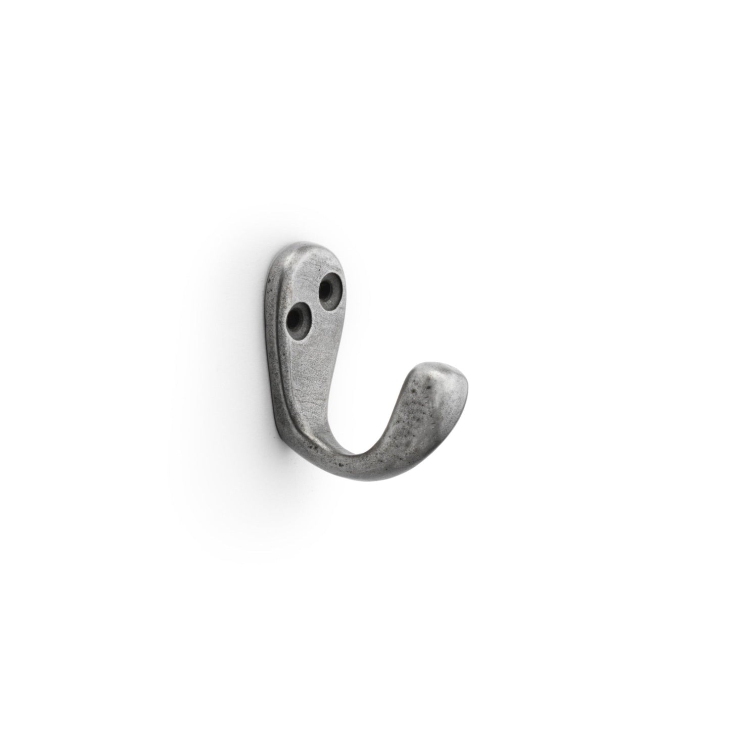Alexander & Wilks Victorian Single Robe Hook in a brushed silver finish, featuring a curved design with two mounting holes for secure installation on walls.