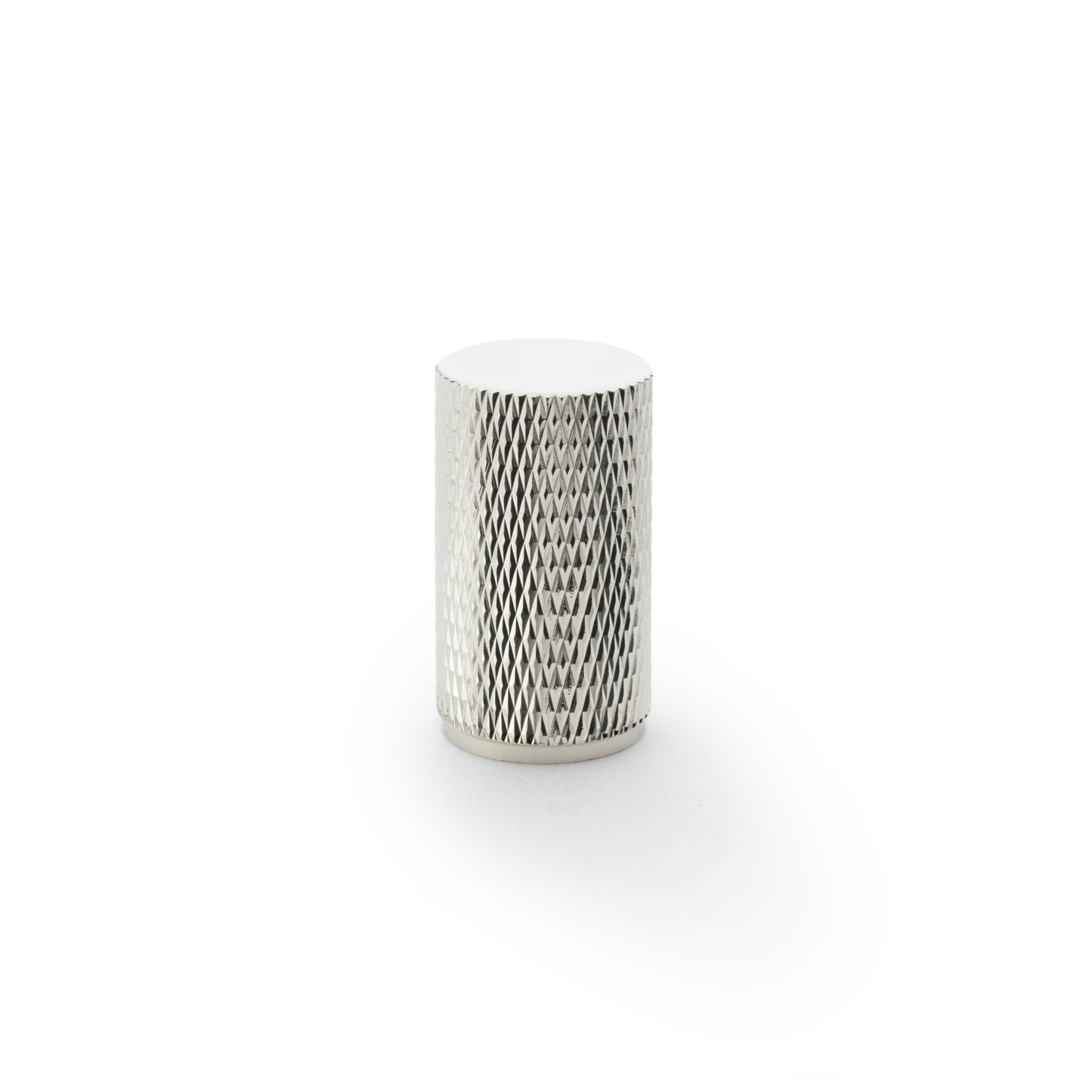 Alexander & Wilks Brunel Knurled Cupboard Knob in polished silver finish, featuring a textured knurled pattern and a smooth top surface, designed for cabinetry and storage solutions.