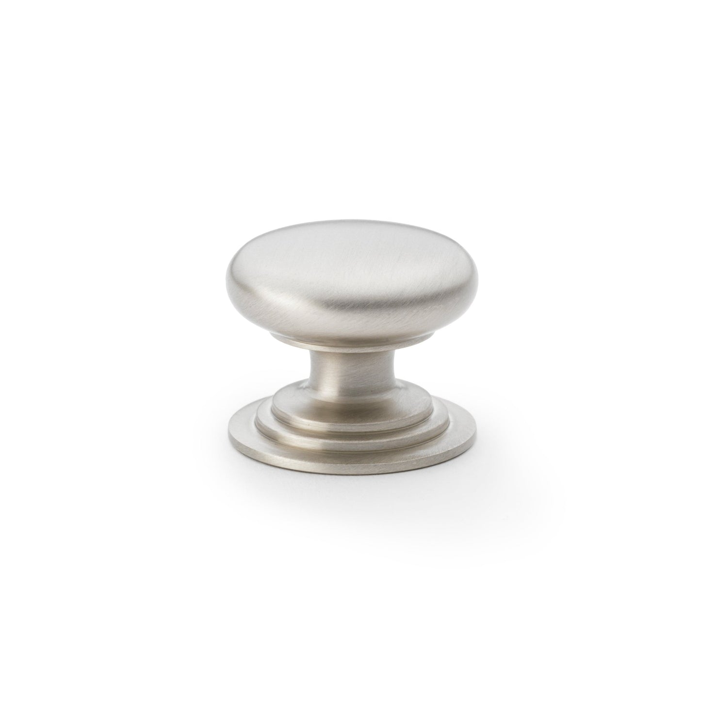 Alexander & Wilks Waltz Round Cupboard Knob on Stepped Rose with a brushed nickel finish, featuring a smooth, rounded top and stepped base for easy grip.