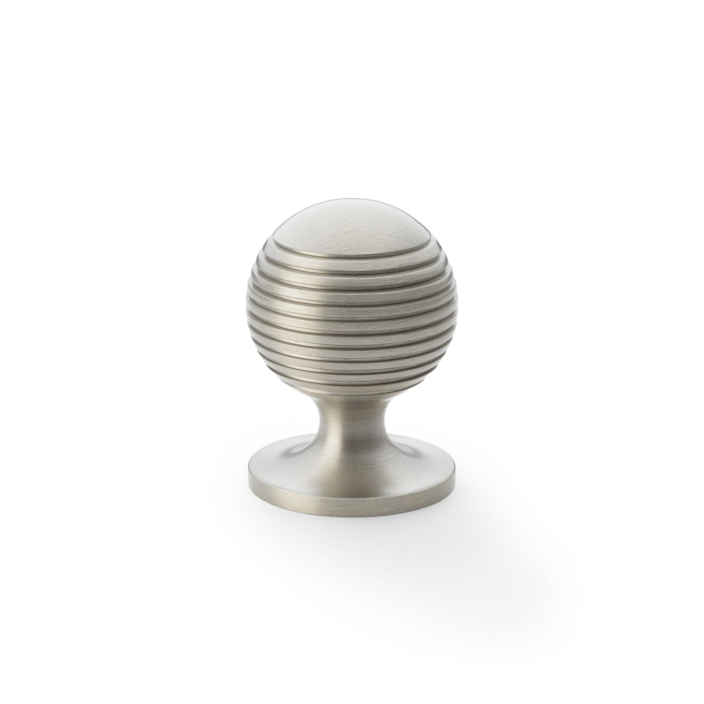 Alexander & Wilks Caesar Cupboard Knob on Round Rose in a brushed nickel finish, featuring a round shape with vertical grooves and a sturdy base for easy installation.