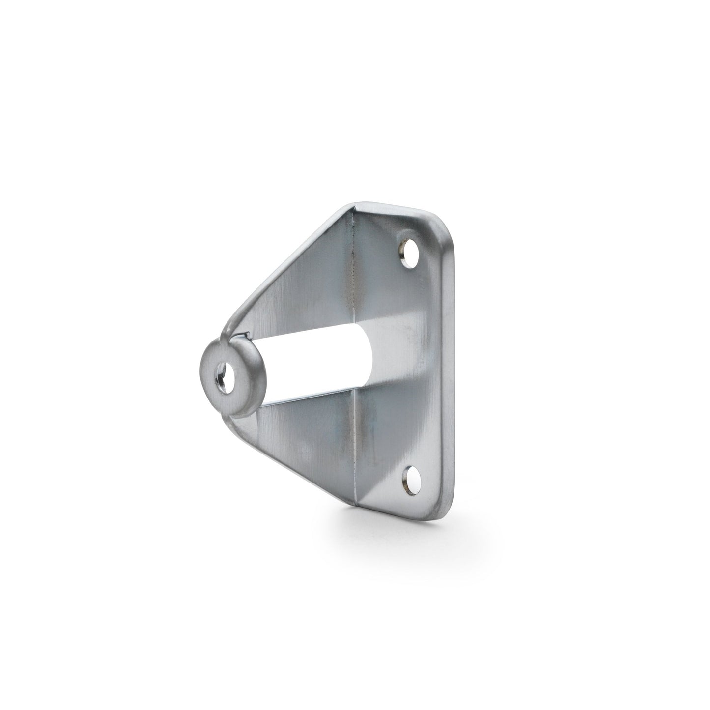 Alexander & Wilks Handle Adapter in silver, made of metal, featuring a triangular shape with a round opening and three mounting holes for installation.