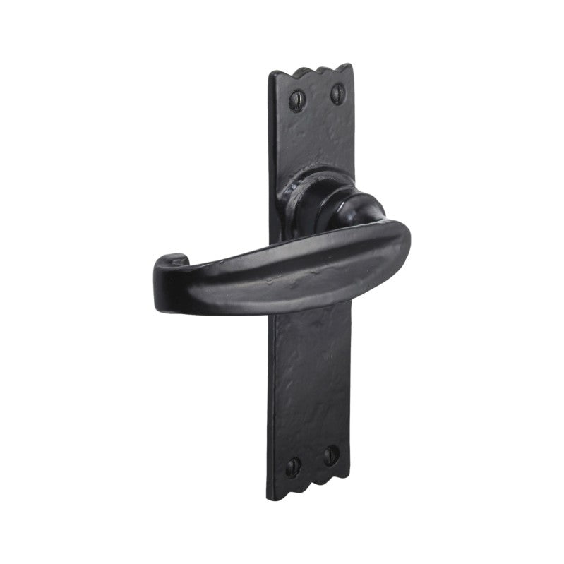 Spira Brass Charlbury Lever Handles in black finish, featuring a classic curved lever design attached to a rectangular backplate with decorative edges and visible screw holes.