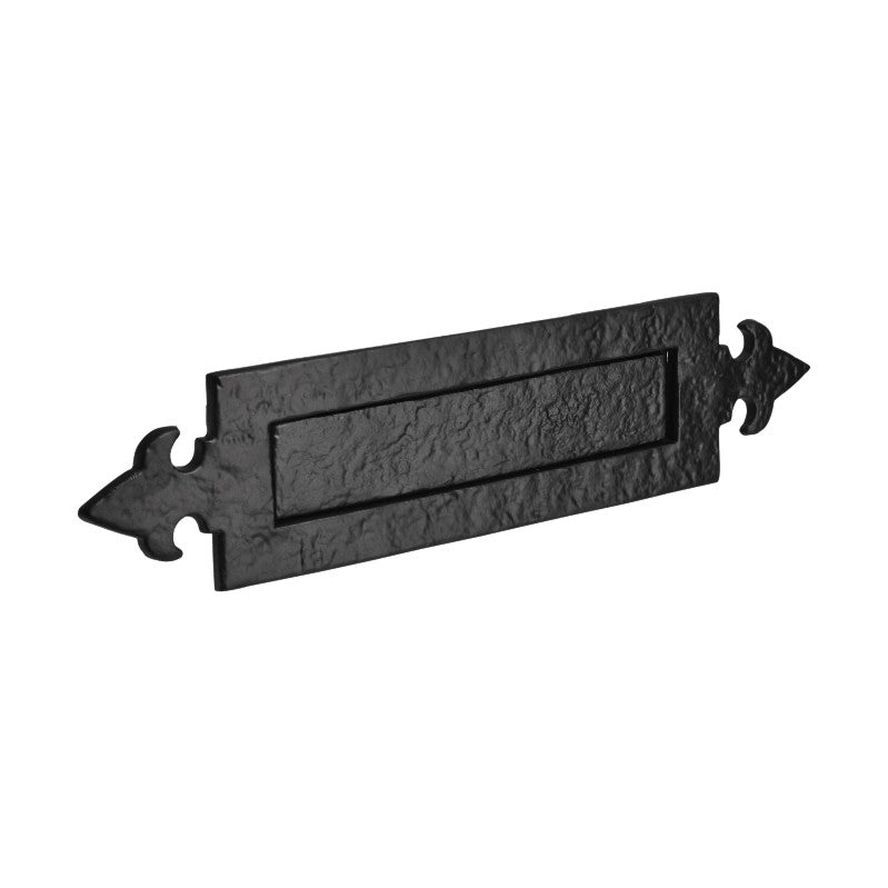 Spira Brass Fleur de Lys Letter Plate in black finish, made of cast iron, featuring an elongated rectangular shape with ornate pointed ends.
