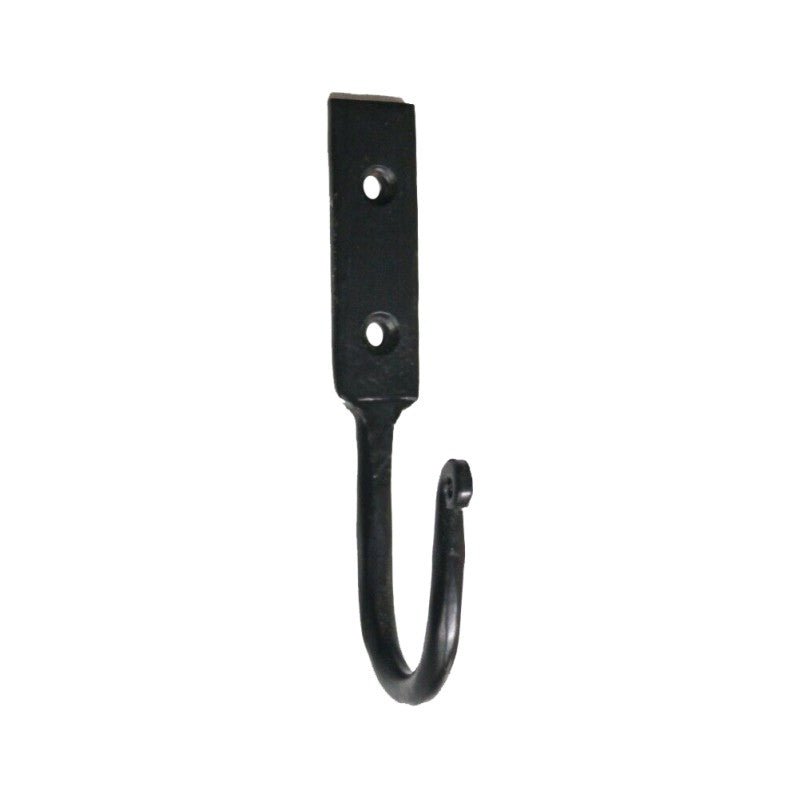Spira Brass Iron hook BR607 in black, featuring a sturdy mount with two holes for attachment and a curved hook design for hanging items.